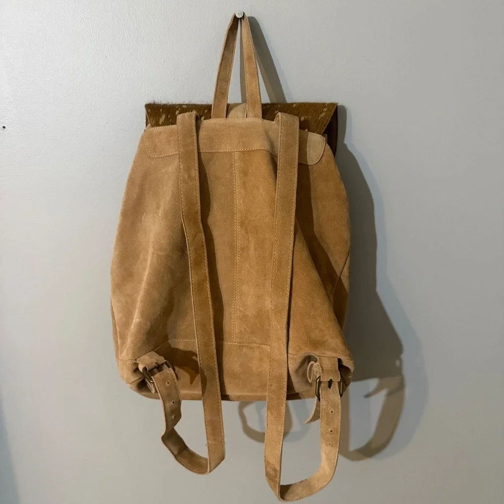 Jane Marie Tan Suede Cowhide Gold Metallic Splatter Backpack Boho Bag
